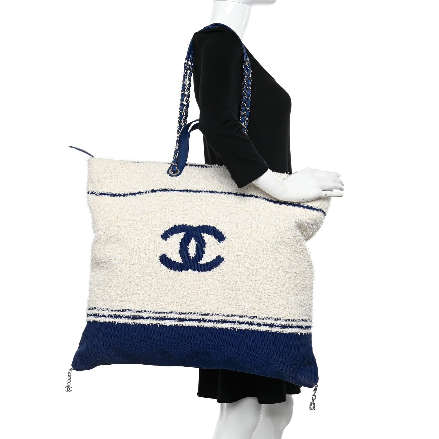 Chanel Tweed Fabric Deauville Biarritz Tote White Navy 2 of 10
