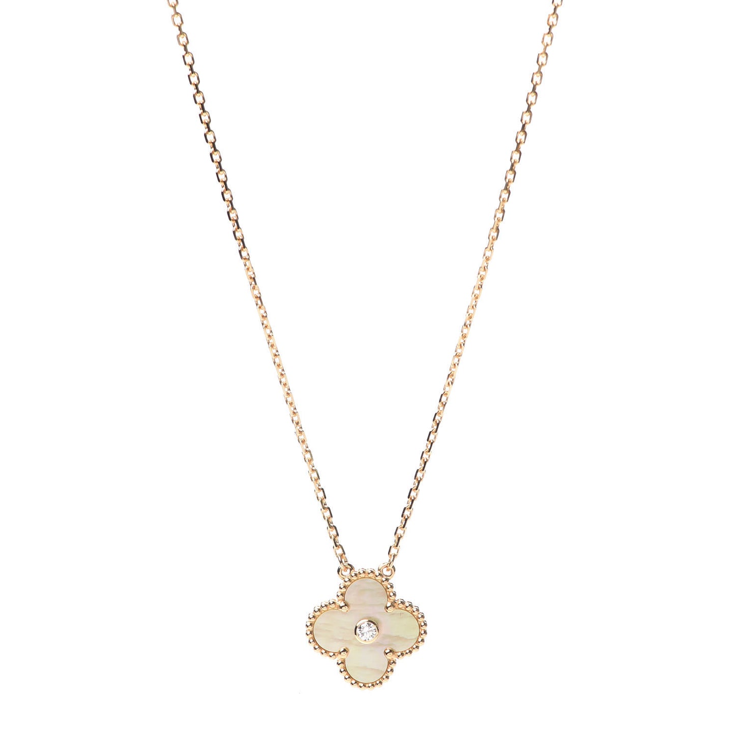 18K Yellow Gold Diamond Yellow Mother of Pearl Vintage Alhambra Pendant Necklace
