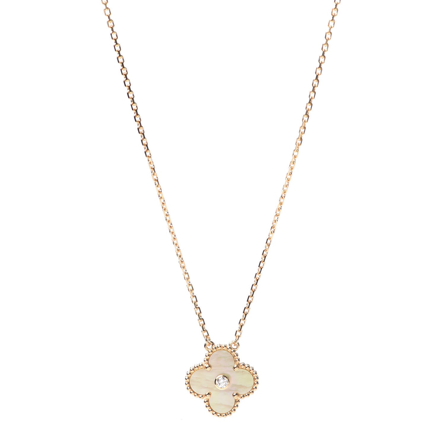 Van Cleef & Arpels 18K Yellow Gold Diamond Yellow Mother of Pearl Vintage Alhambra Pendant Necklace 1 of 8
