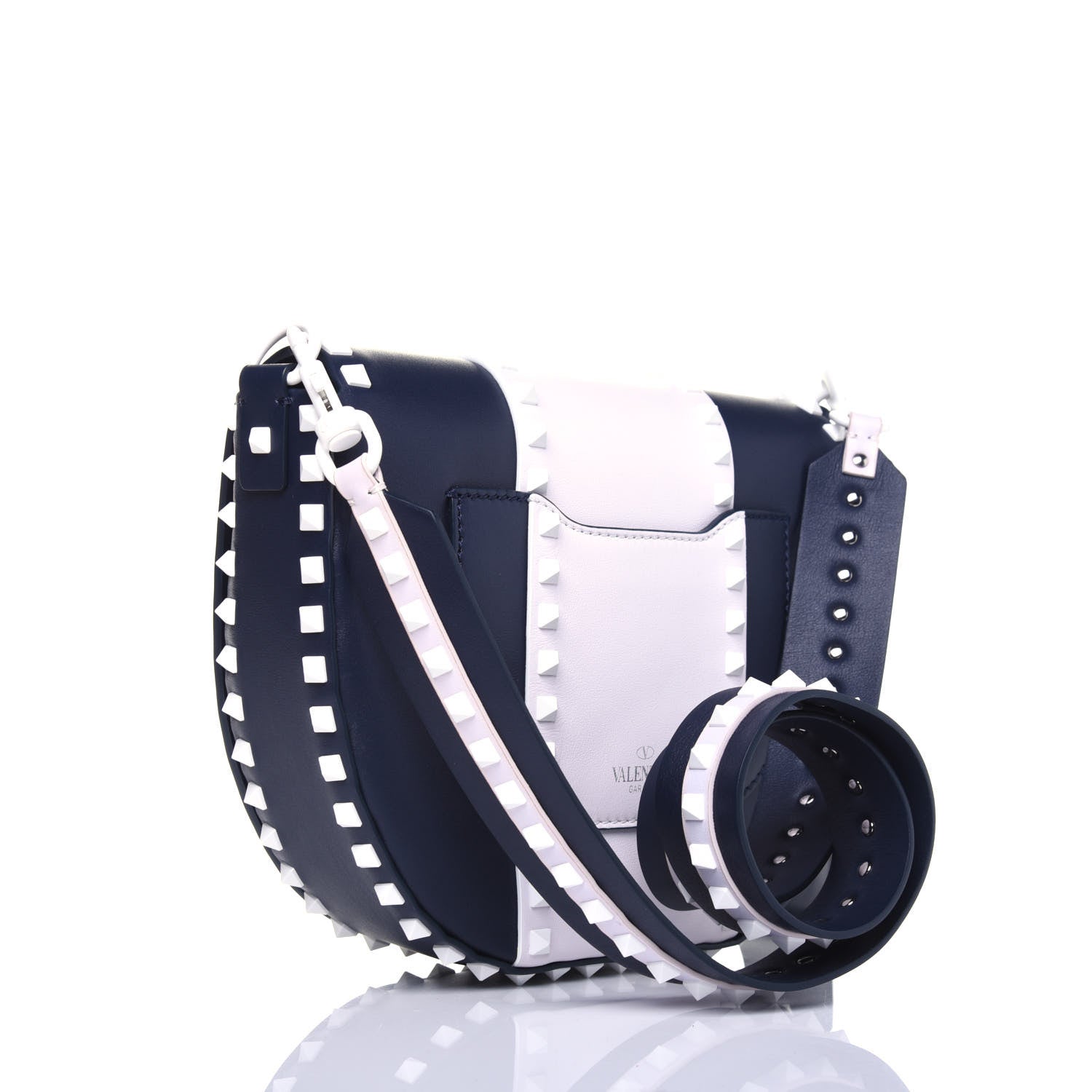 Valentino Garavani Vitello Colorblock Large Free Rockstud Halfmoon Saddle Bag Marine White 4 of 15