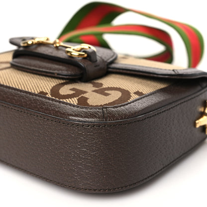 Gucci Monogram Jumbo GG Textured Dollar Calfskin Web Mini Horsebit 1955 Shoulder Bag Camel Ebony New Acero 10 of 10