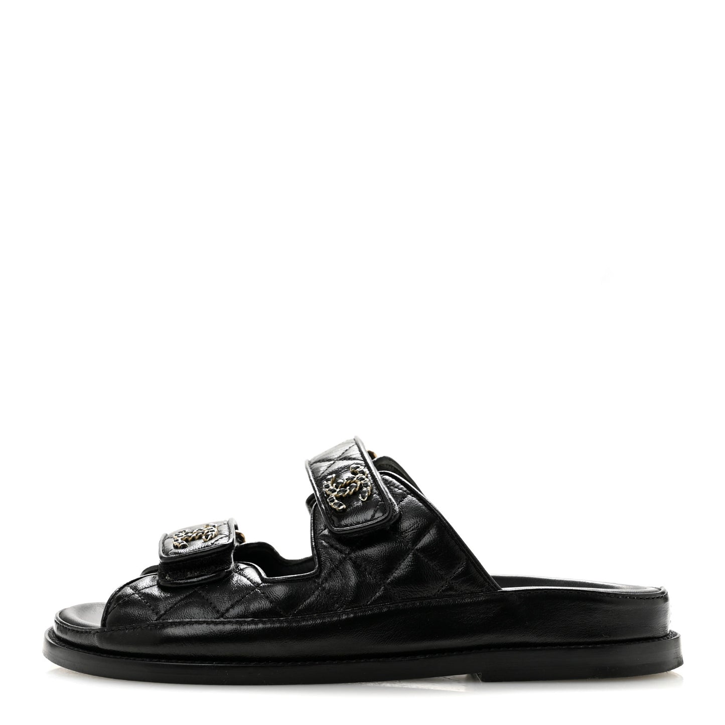 Lambskin Quilted Velcro Dad Chain CC Slide Sandals 36 Black