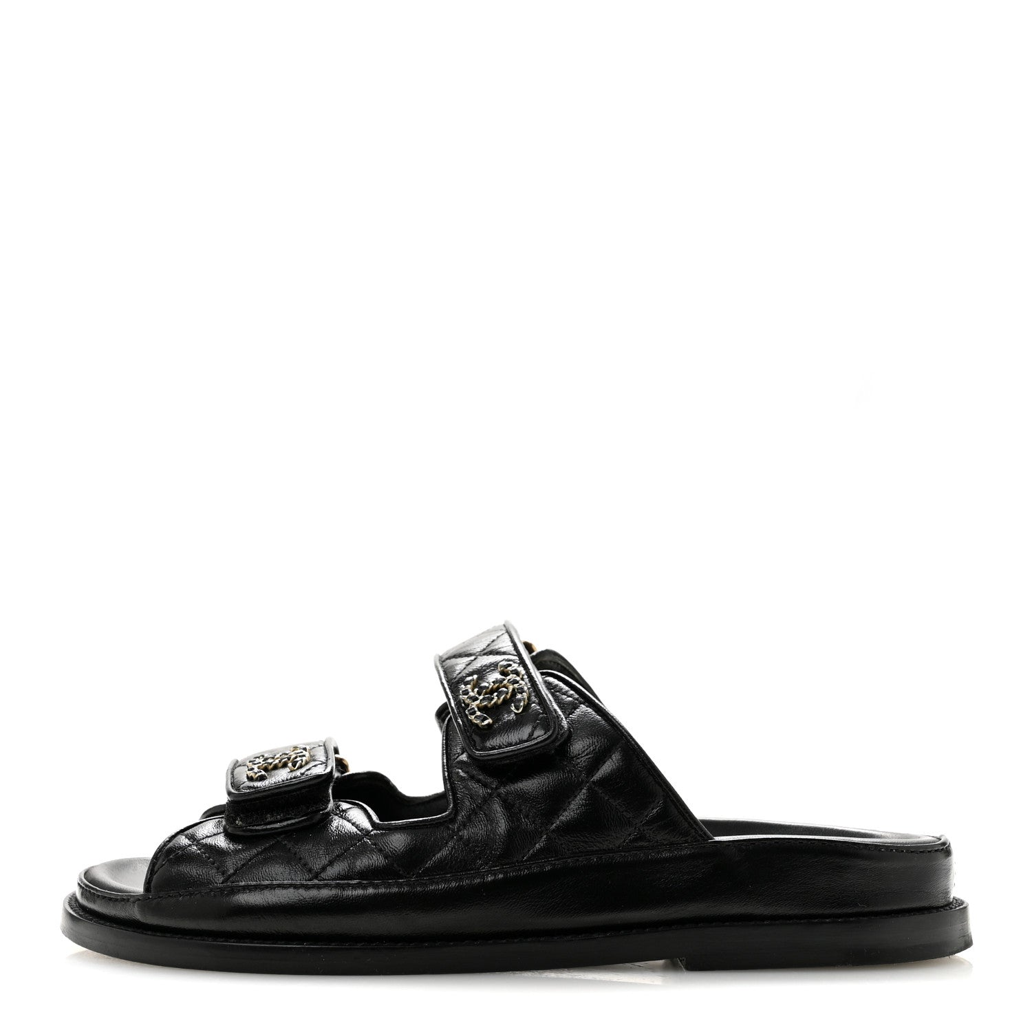 Chanel Lambskin Quilted Velcro Dad Chain CC Slide Sandals 36 Black 1 of 10