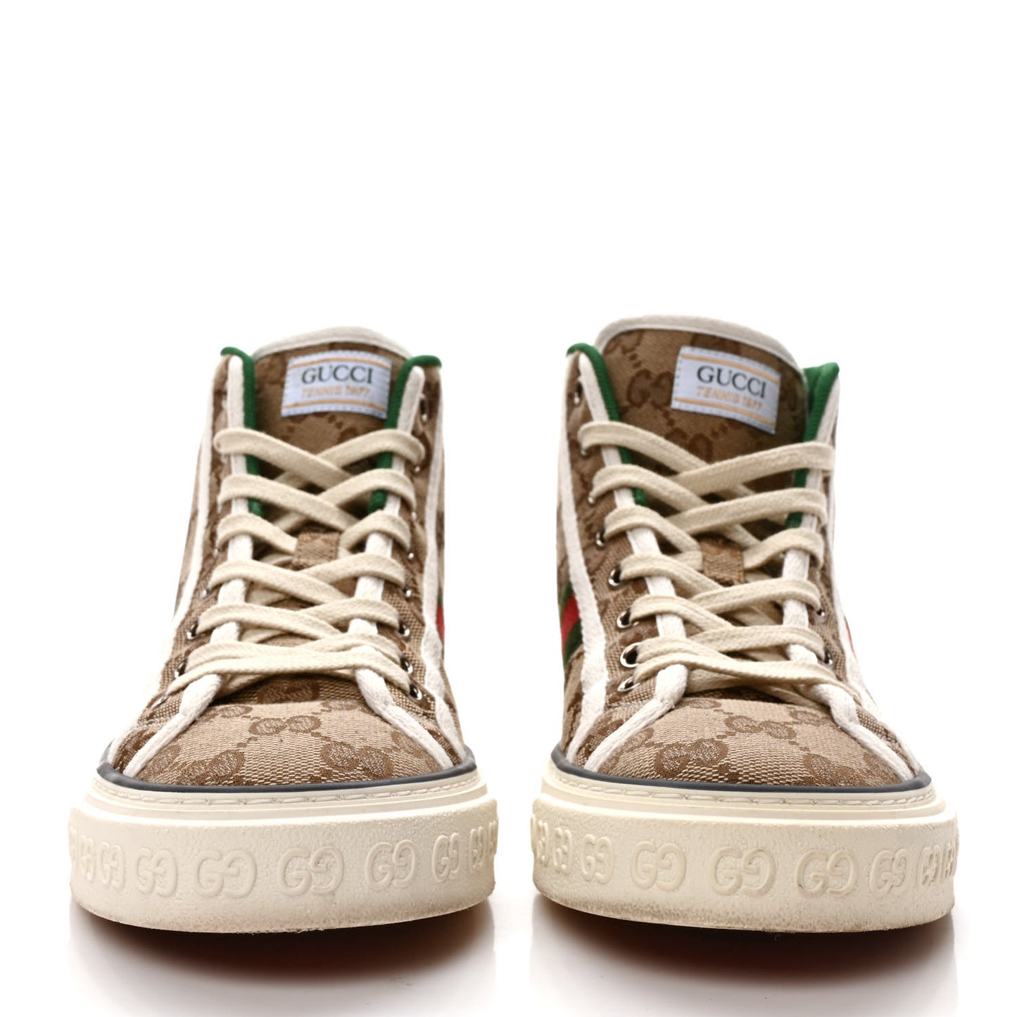 GG Monogram Web Womens 1977 Tennis High Top Sneakers 38.5 Beige Ebony Mystic White