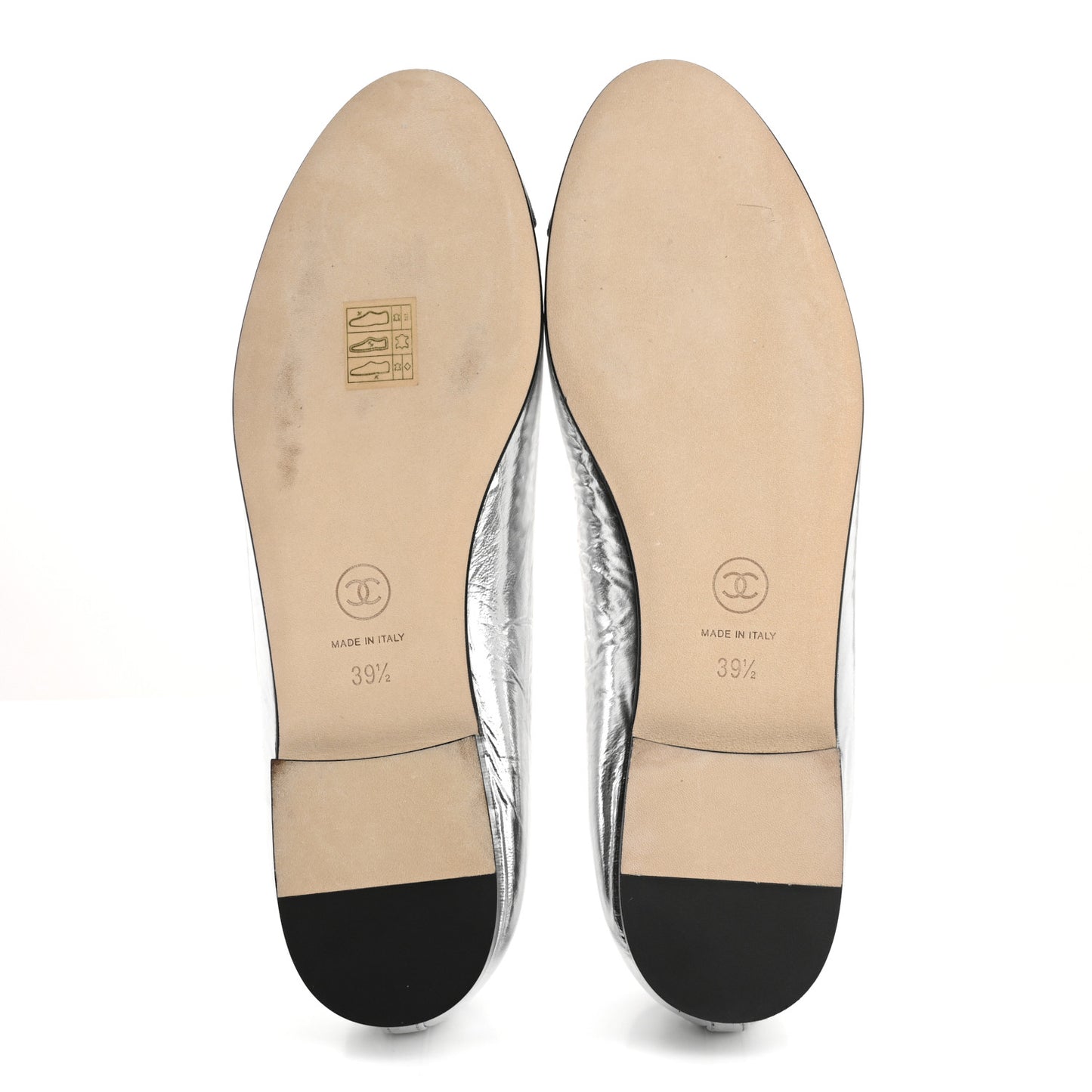 Laminated Crumpled Lambskin Grosgrain Cap Toe CC Ballerina Flats 39.5 Silver Black