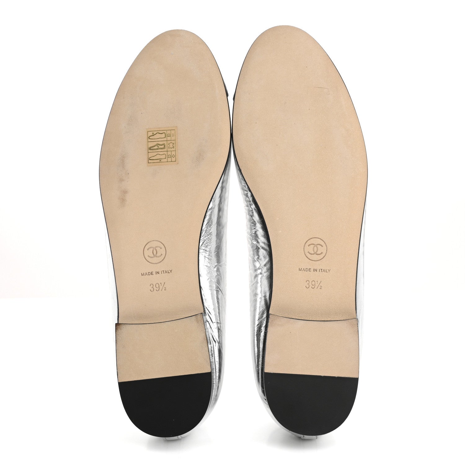 Chanel Laminated Crumpled Lambskin Grosgrain Cap Toe CC Ballerina Flats 39.5 Silver Black 6 of 12