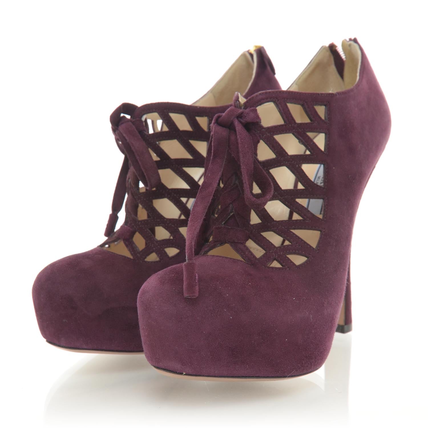 Prada Suede Caged Lace Up Booties 35 NEW Burgundy 2 of 6