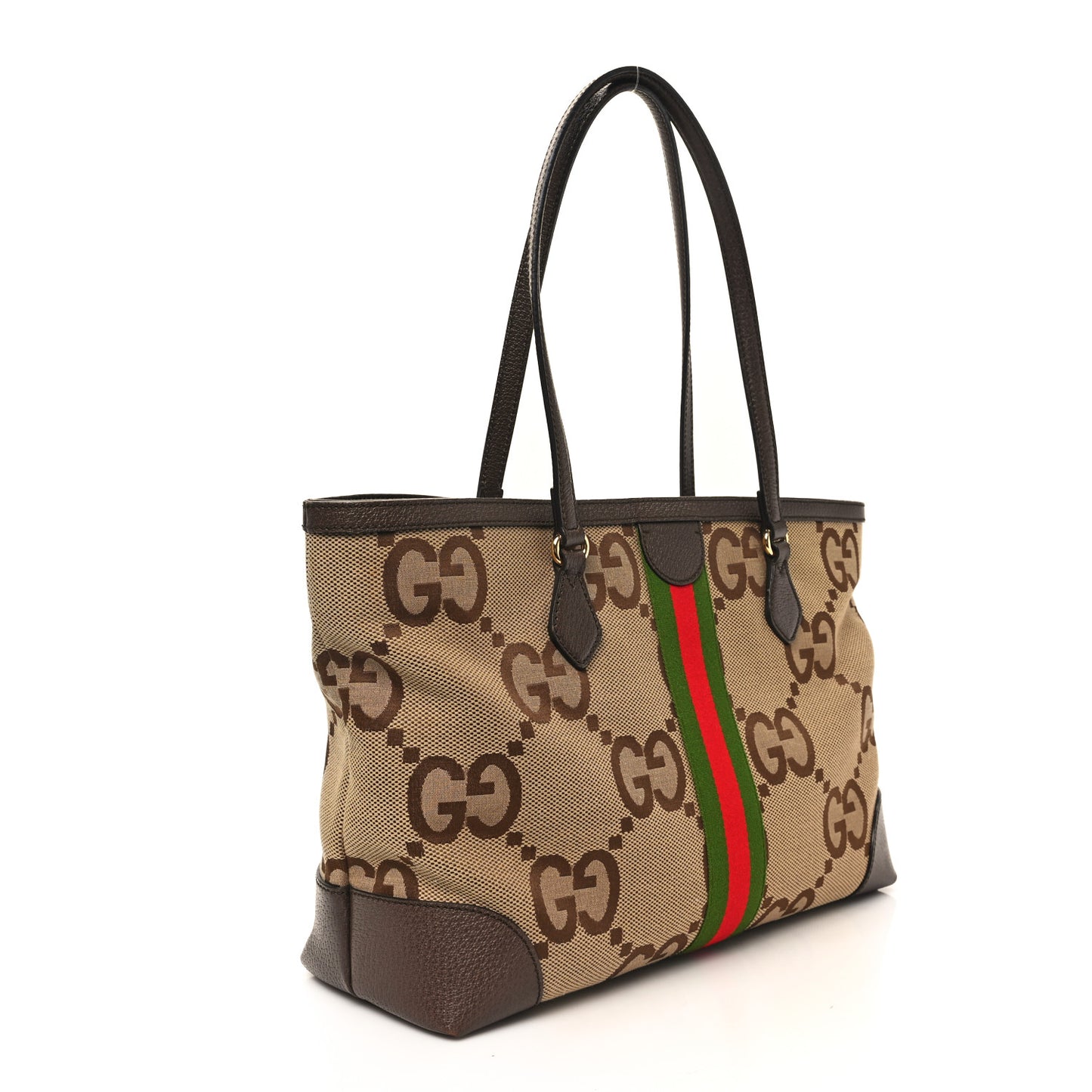 Monogram Jumbo GG Textured Dollar Calfskin Web Medium Ophidia Shopping Tote Camel Ebony