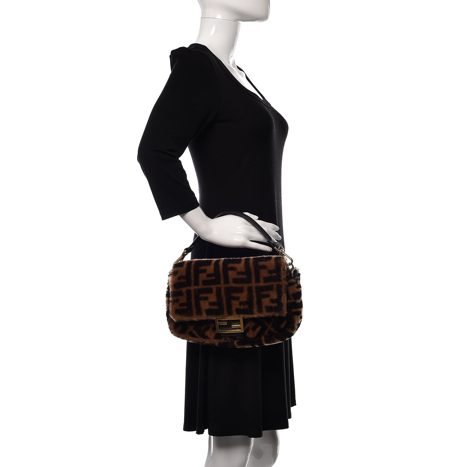 Fendi Shearling Vitello Dolce Macro FF 1974 Baguette Tobacco Black 2 of 10