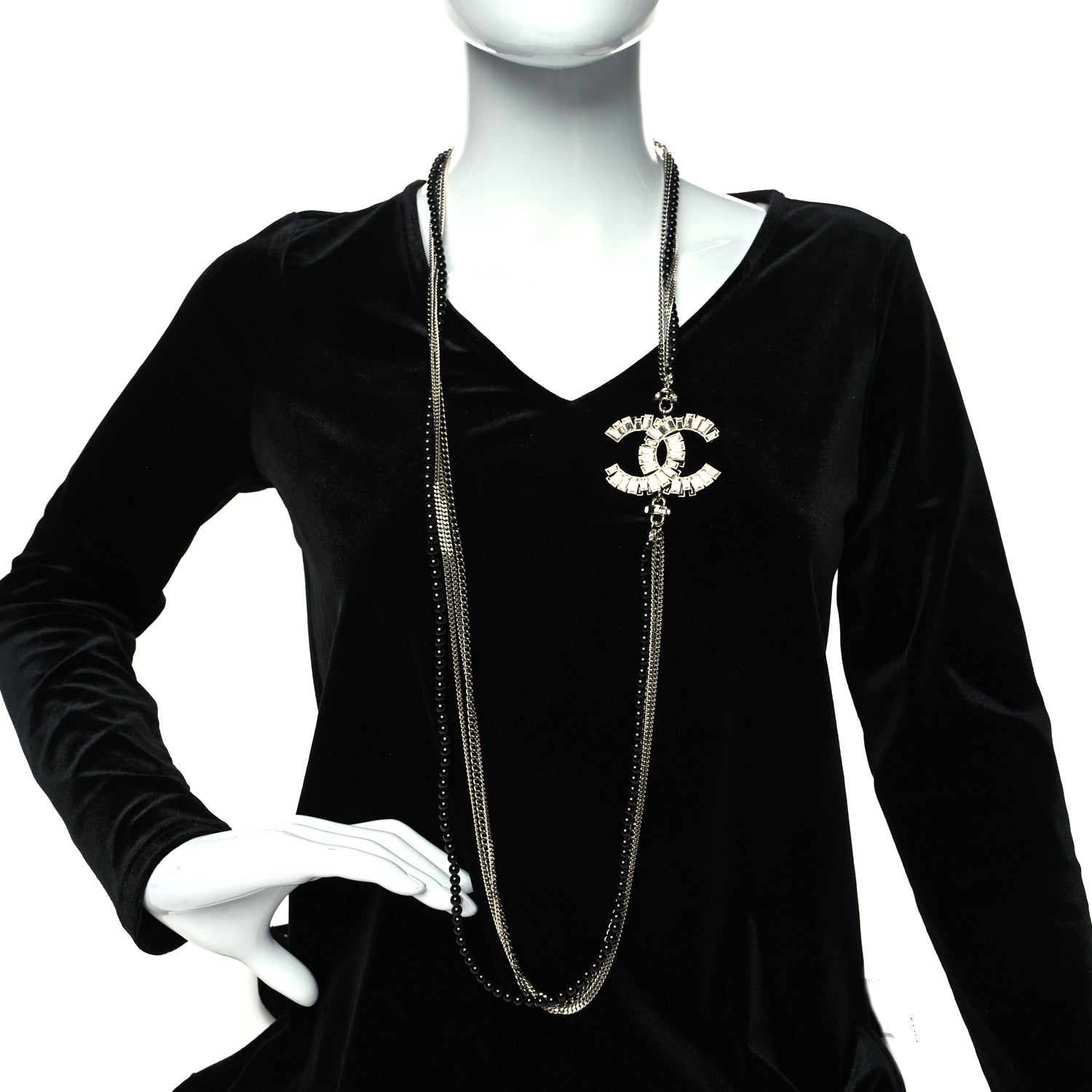 Chanel Metal Crystal Baguette Beaded CC Multi Strand Long Necklace Silver Black 2 of 5