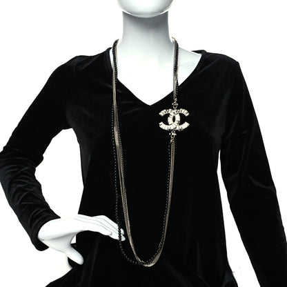 Chanel Metal Crystal Baguette Beaded CC Multi Strand Long Necklace Silver Black 2 of 5