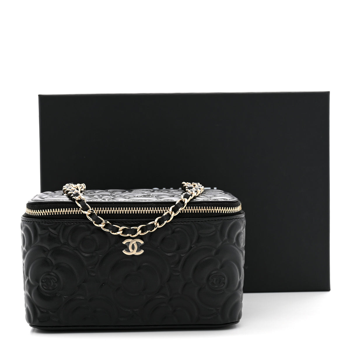 Lambskin Camellia Embossed Small Vanity Case With Chain Black
