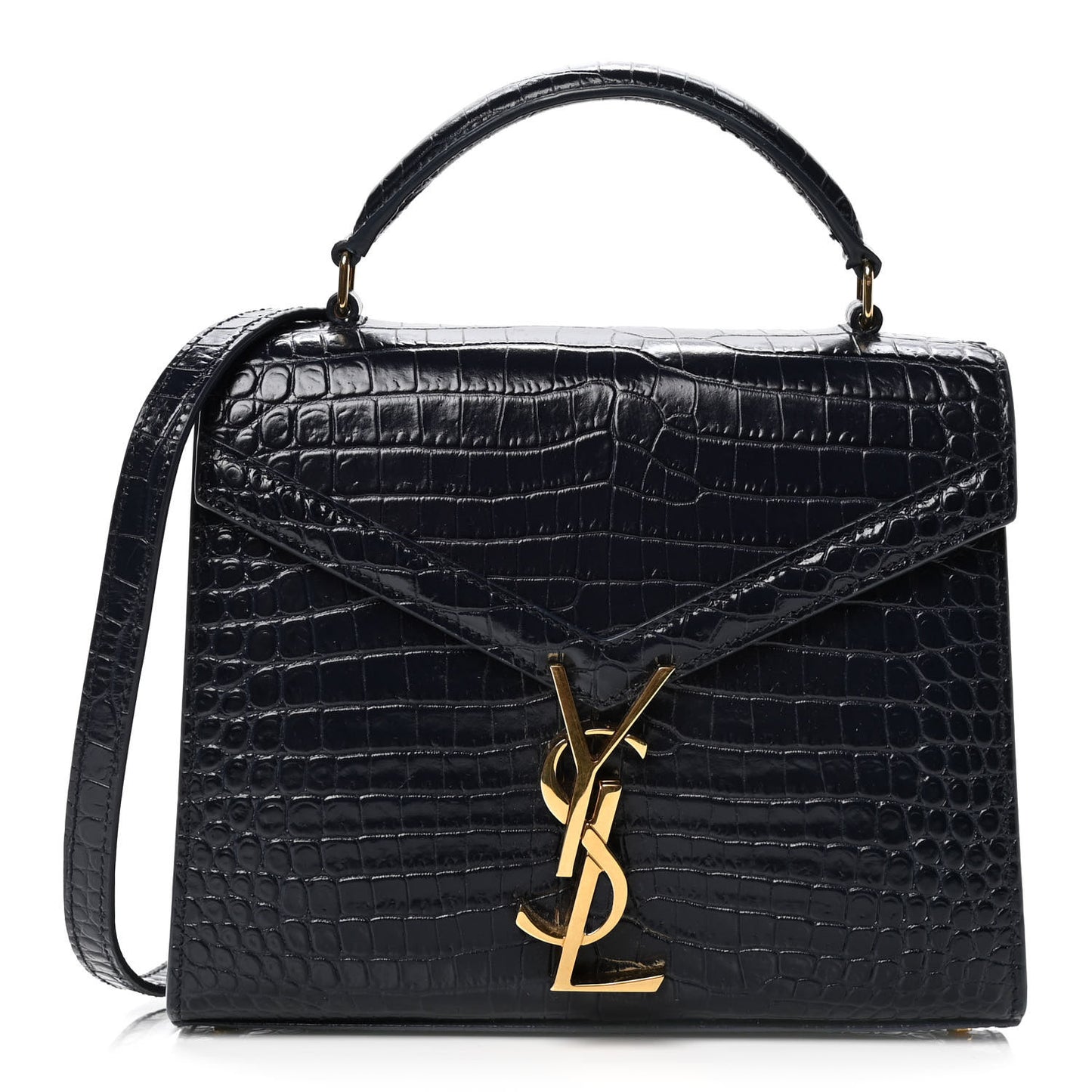 Calfskin Crocodile Embossed Mini Classic Monogram Cassandra Top Handle Black