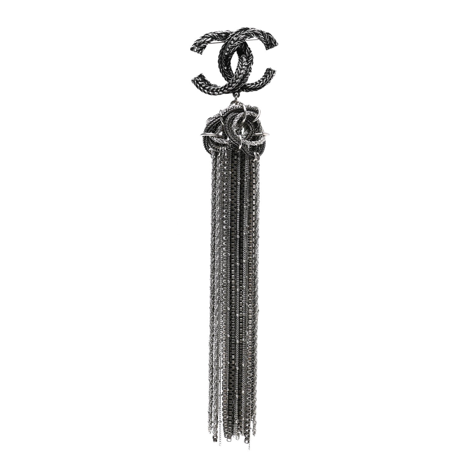Chanel Ruthenium Crystal Chain Fringe CC Brooch Silver 1 of 5