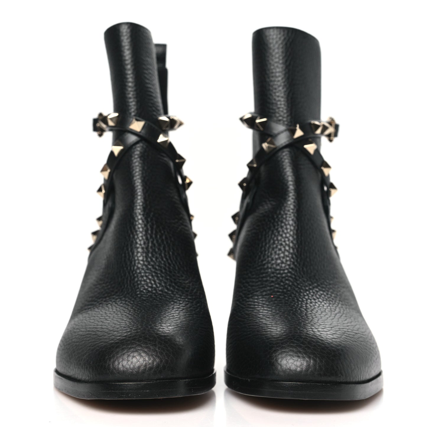 Pebbled Calfskin Rockstud Double Buckle 70mm Block Heel Ankle Boots 39.5 Black