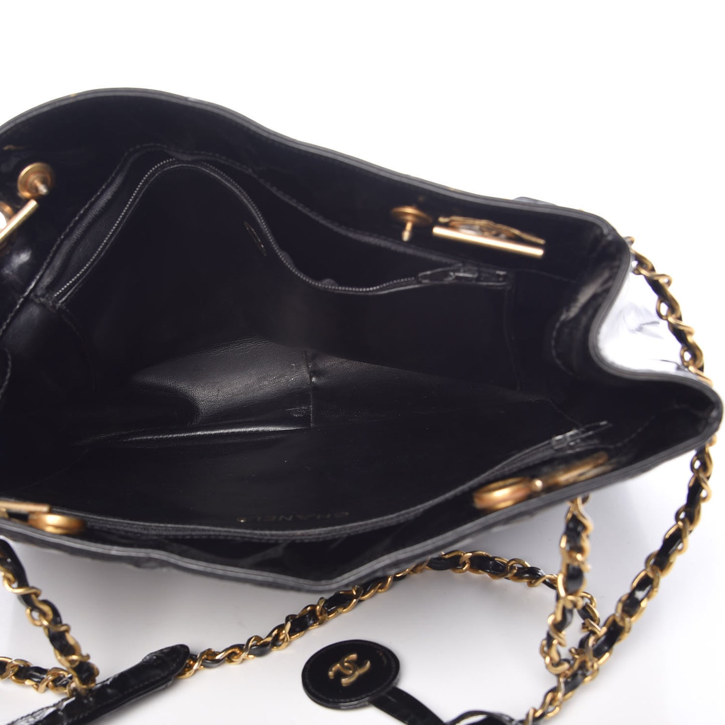 Patent Quilted Shopping Tote Black
