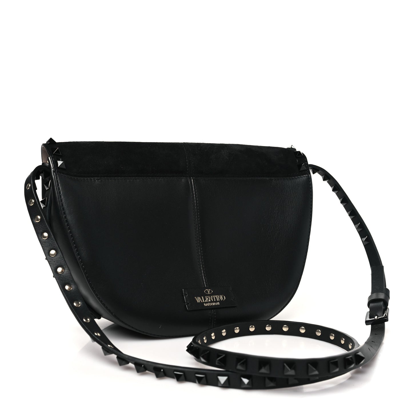 Suede Calfskin Rockstud Halfmoon Saddle Bag Black