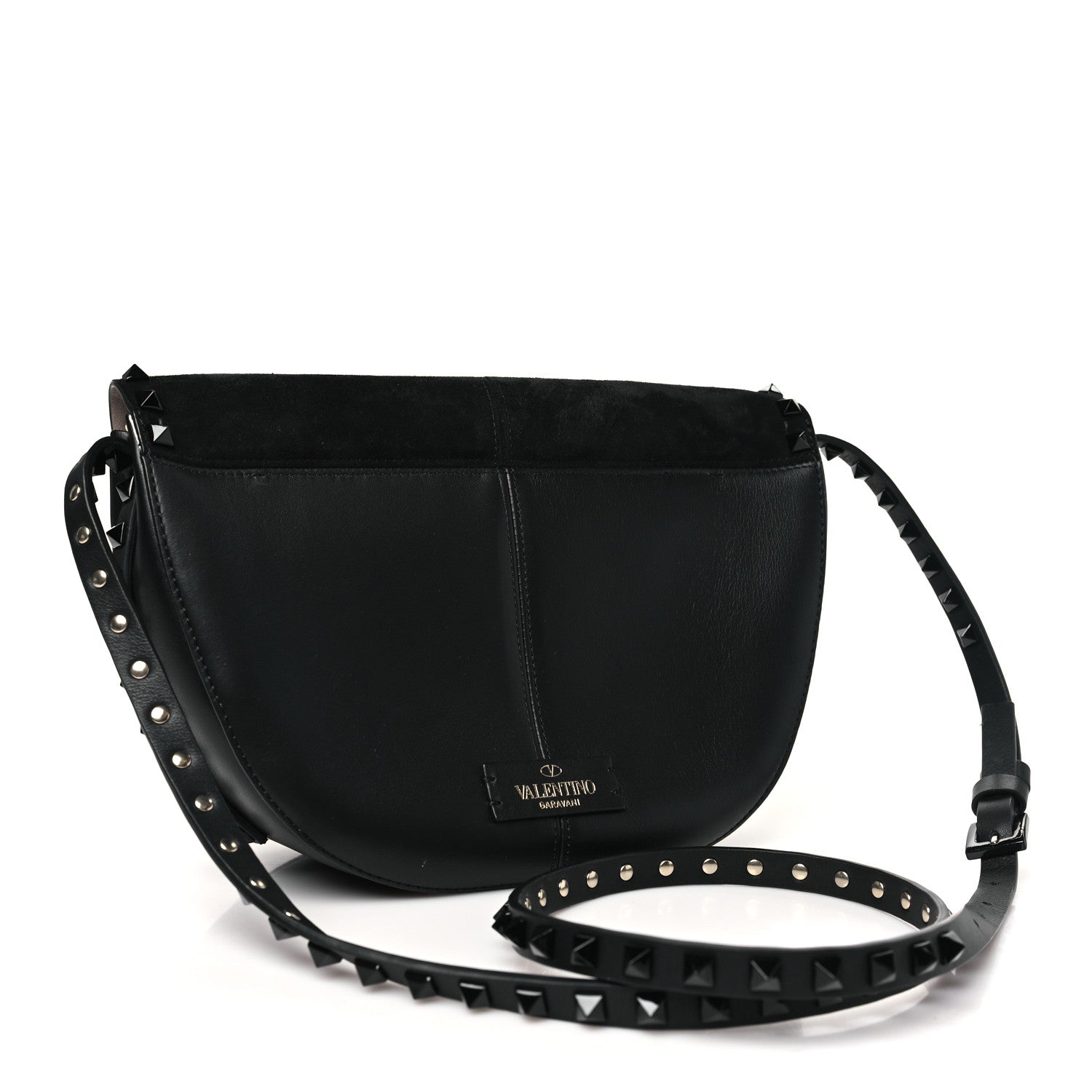 Valentino Garavani Suede Calfskin Rockstud Halfmoon Saddle Bag Black 3 of 9