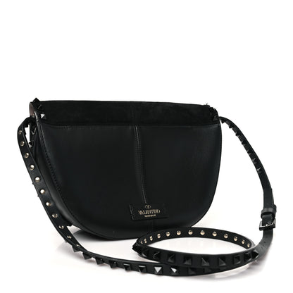 Valentino Garavani Suede Calfskin Rockstud Halfmoon Saddle Bag Black 3 of 9