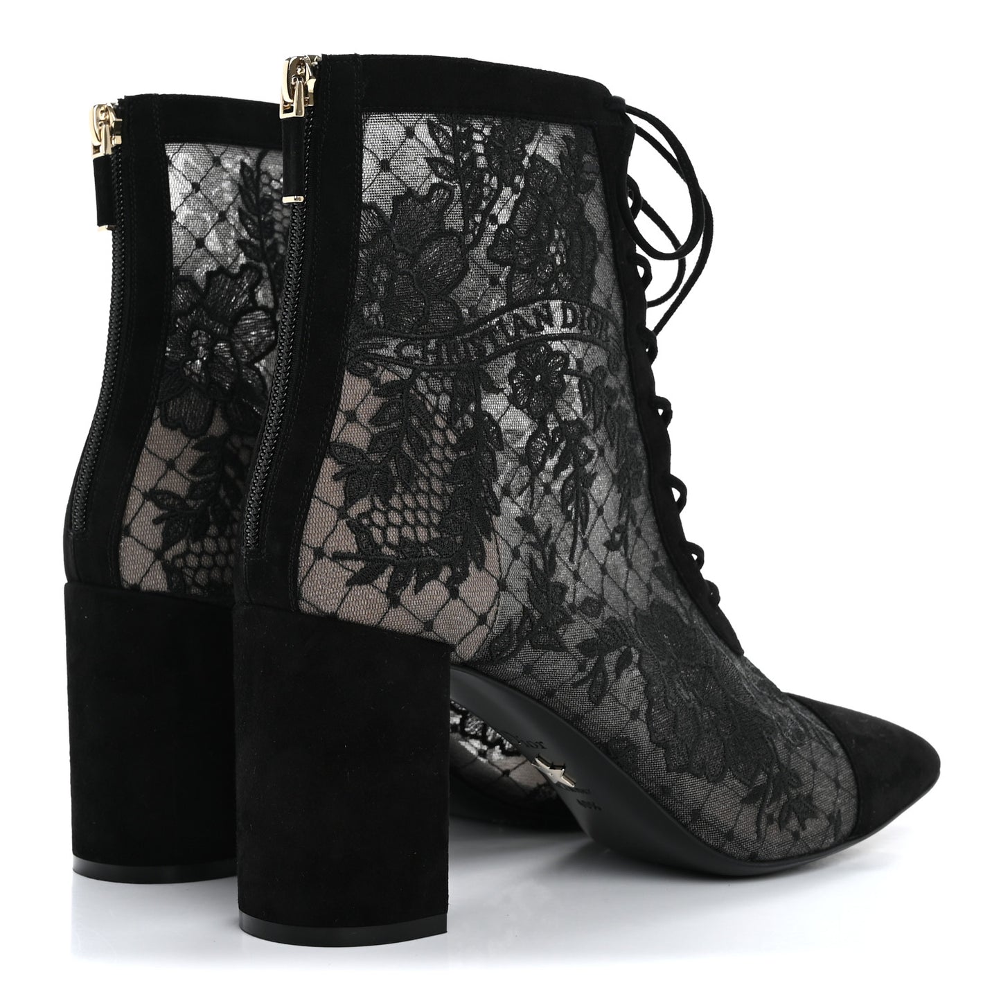 Suede Transparent Mesh Embroidered Roses Naughtily-D Heeled Lace Up Ankle Boots 40.5 Black