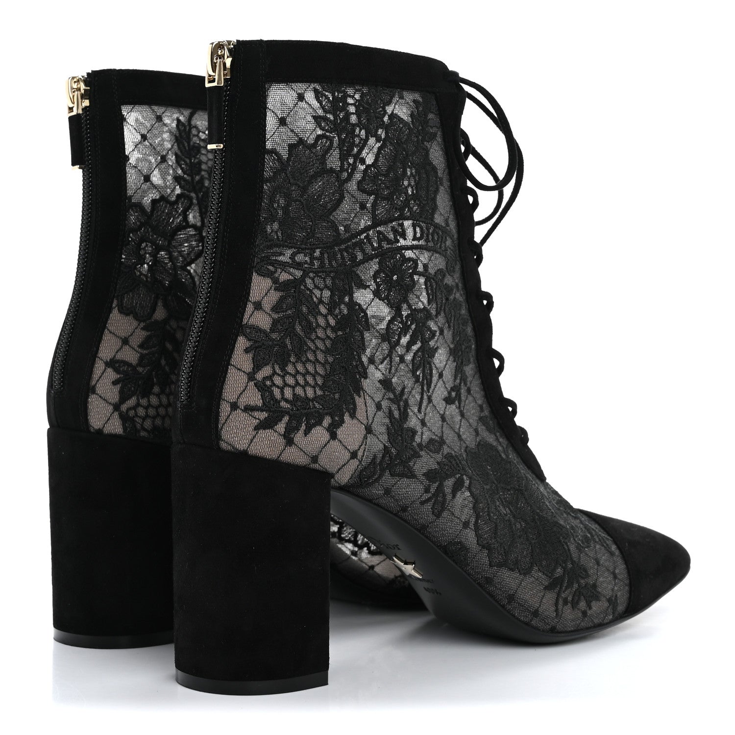 Christian Dior Suede Transparent Mesh Embroidered Roses Naughtily-D Heeled Lace Up Ankle Boots 40.5 Black 5 of 13