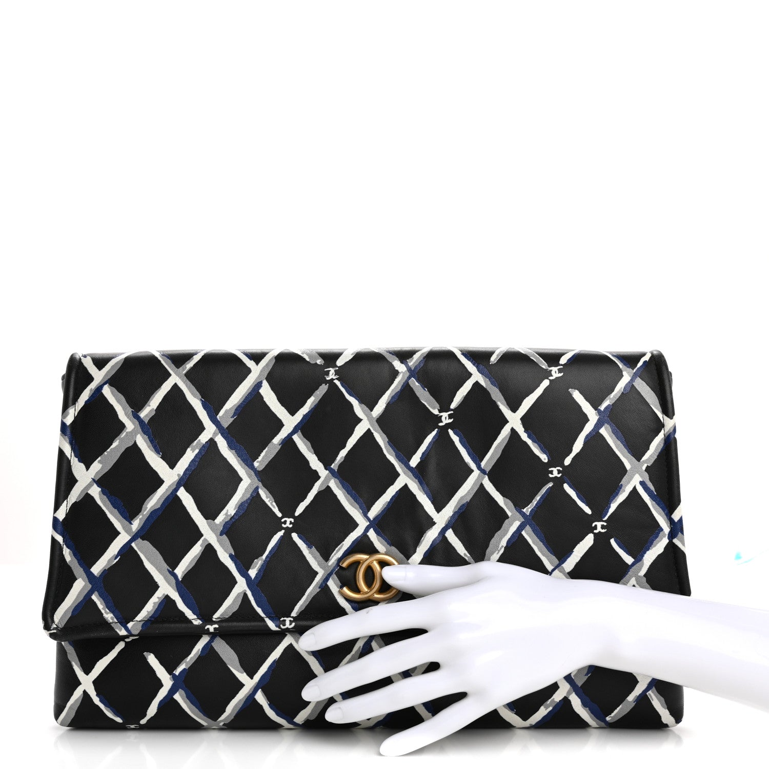Chanel Lambskin Printed Quilt Flap Clutch Black White 2 of 15