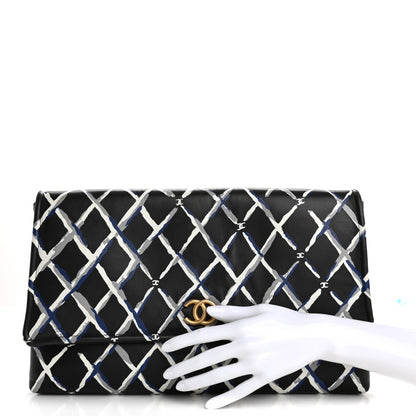 Chanel Lambskin Printed Quilt Flap Clutch Black White 2 of 15