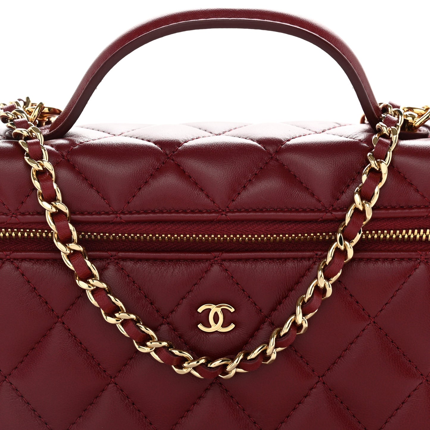 Lambskin Quilted Top Handle Slim Vanity With Chain Burgundy