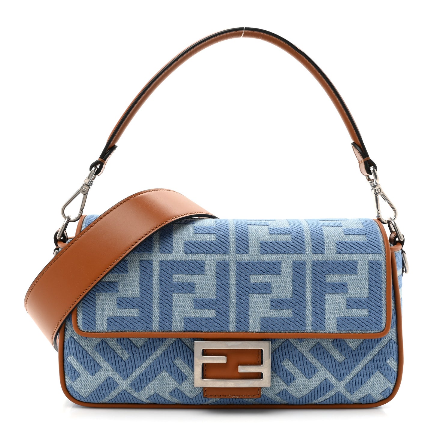 Denim Vitello King FF Embroidered Baguette Denim Chiaro Brandy