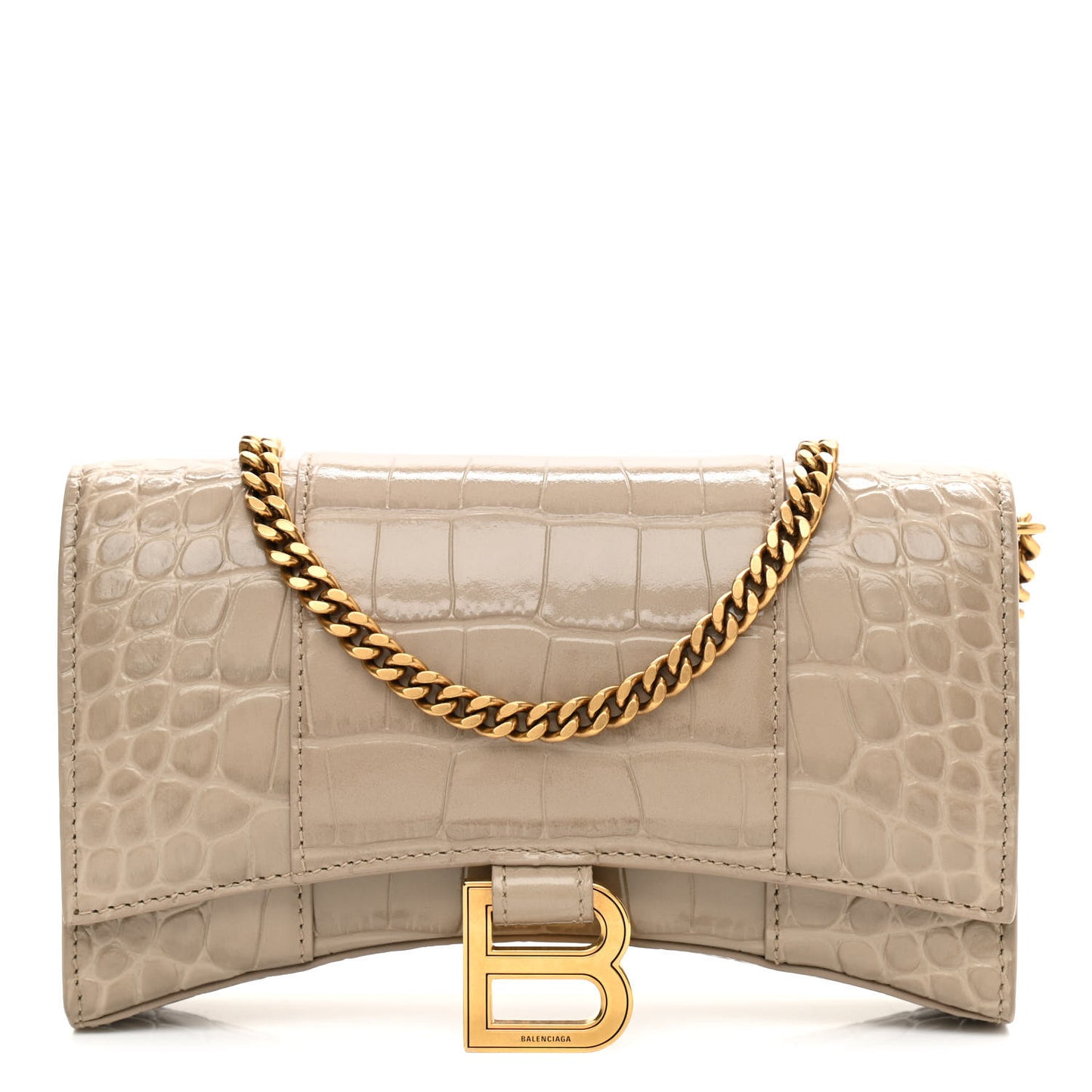 Shiny Calfskin Crocodile Embossed Hourglass Chain Bag Taupe