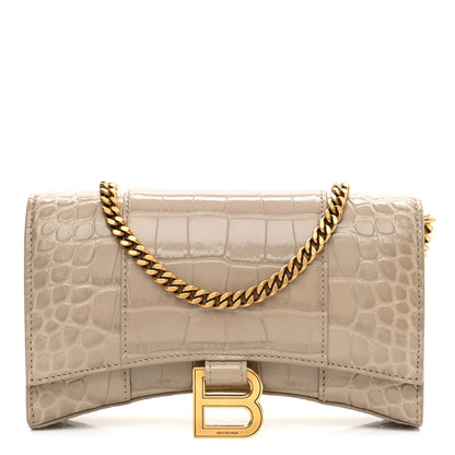 Balenciaga Shiny Calfskin Crocodile Embossed Hourglass Chain Bag Taupe 1 of 11