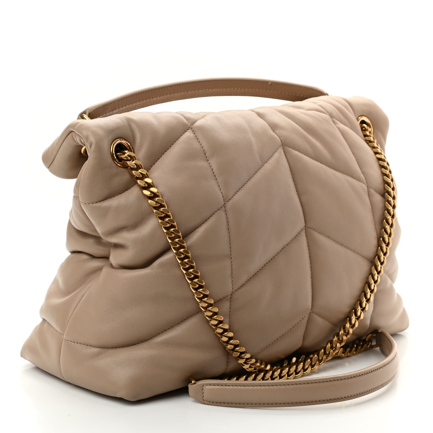 Saint Laurent Lambskin Quilted Medium Loulou Puffer Monogram Chain Satchel Dark Beige 3 of 16