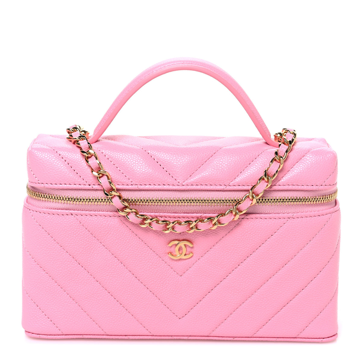 Chanel Shiny Caviar Quilted Sleek Chevron Vanity With Chain Rose 1 of 11