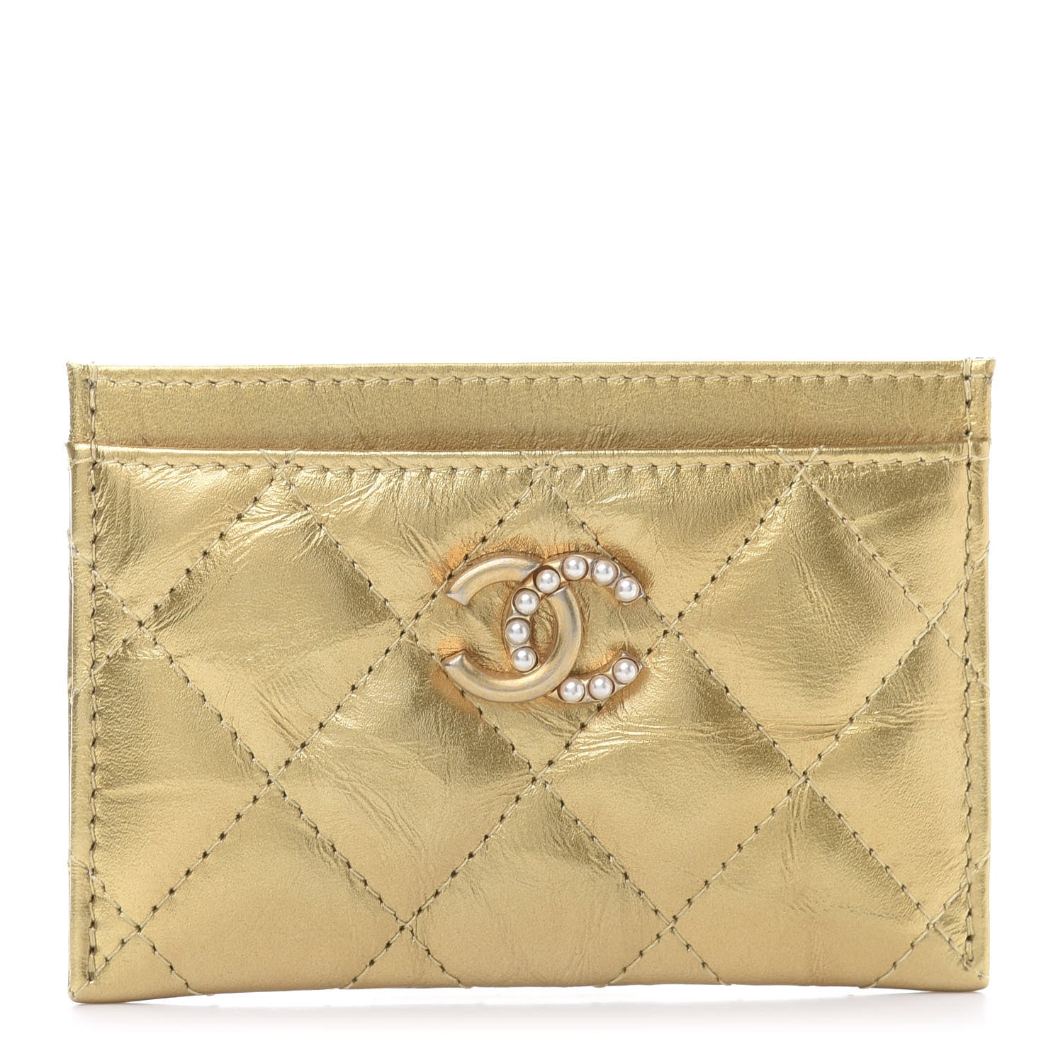 Chanel Aged Metallic Calfskin Pearl CC Quilted Card Holder Gold 1 of 11
