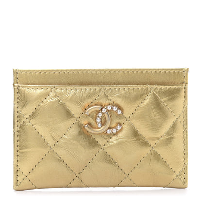 Chanel Aged Metallic Calfskin Pearl CC Quilted Card Holder Gold 1 of 11