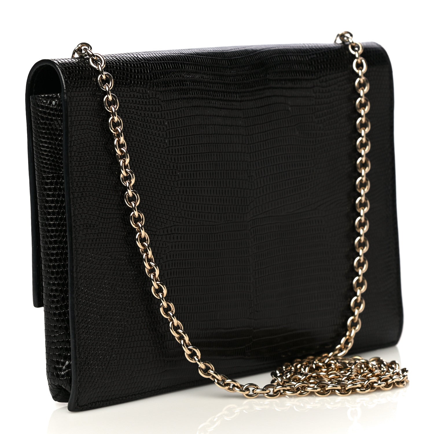 Fendi Calfskin Lizard Embossed Wallet on Chain Black 3 of 15