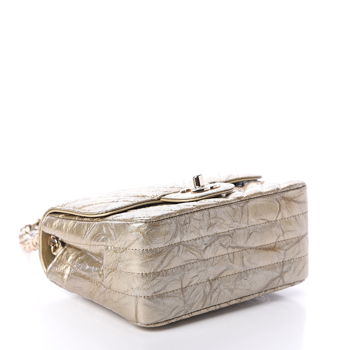 Patent Metallic Crumpled Calfskin Chevron Quilted Mini Square Flap Gold