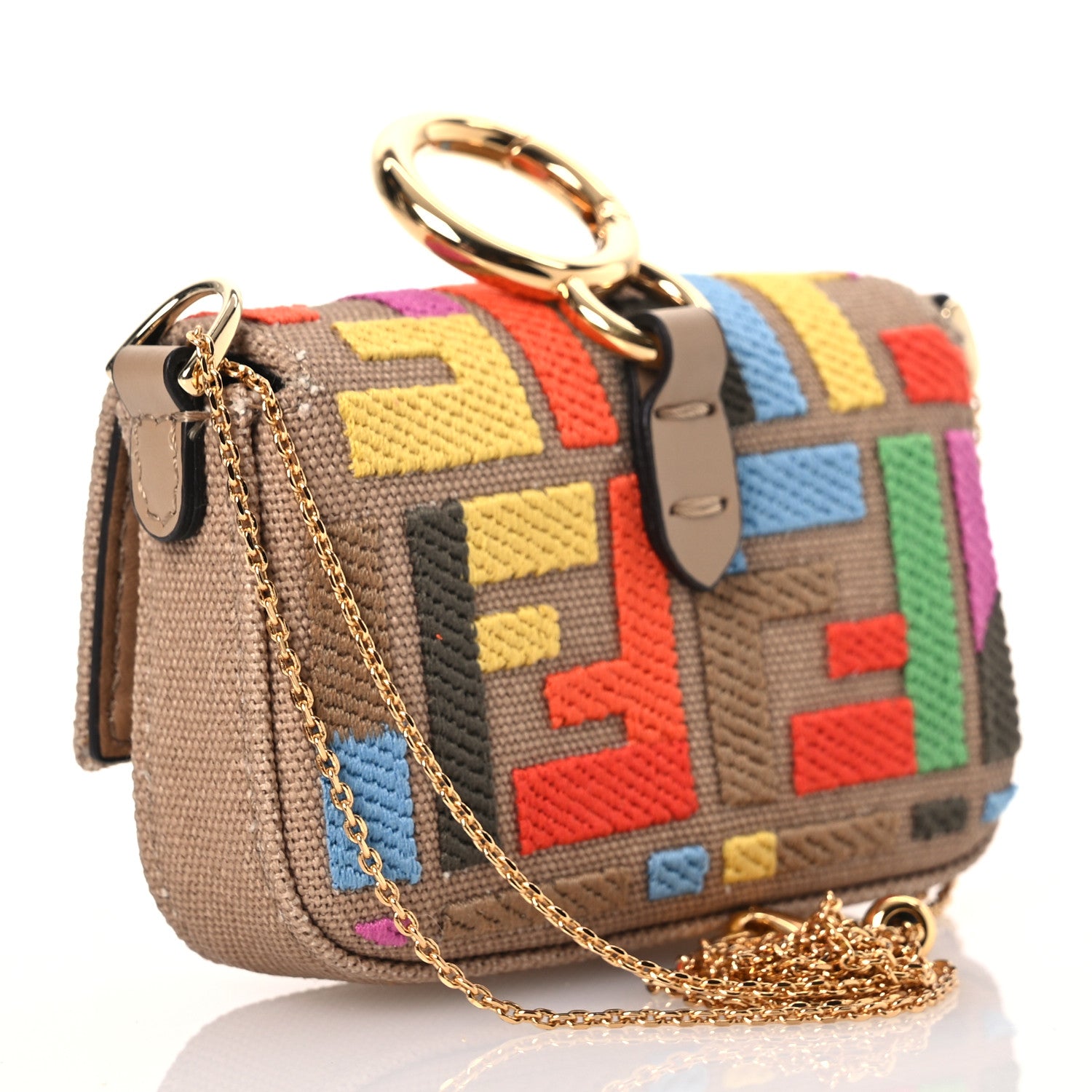 Fendi Canvas Vitello King FF Multicolor Embroidered Nano Baguette Charm Multicolor Cuoio 2 of 12