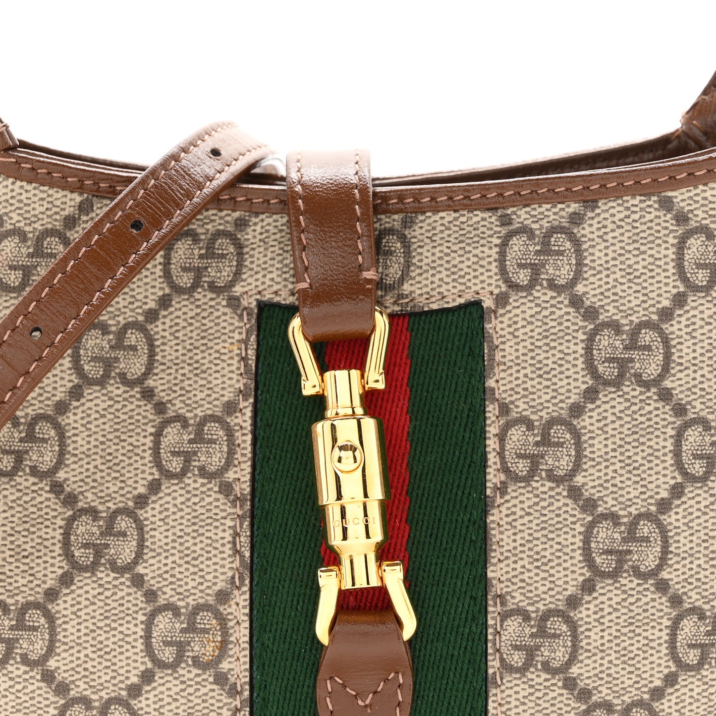 GG Supreme Monogram Azalea Calfskin Web Mini Jackie 1961 Hobo Beige Ebony Brown Sugar