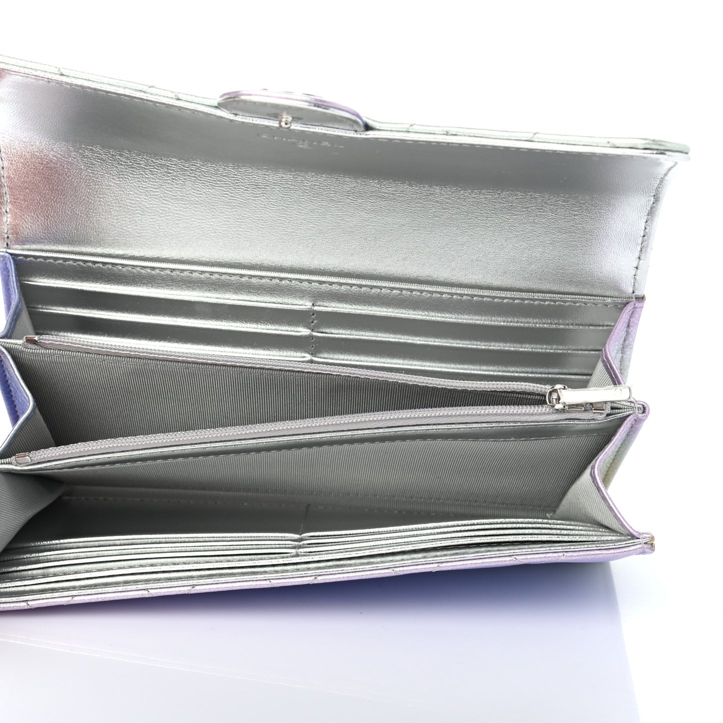 Gradient Metallic Calfskin Quilted Large Gusset Flap Wallet Silver Blue Yellow Purple