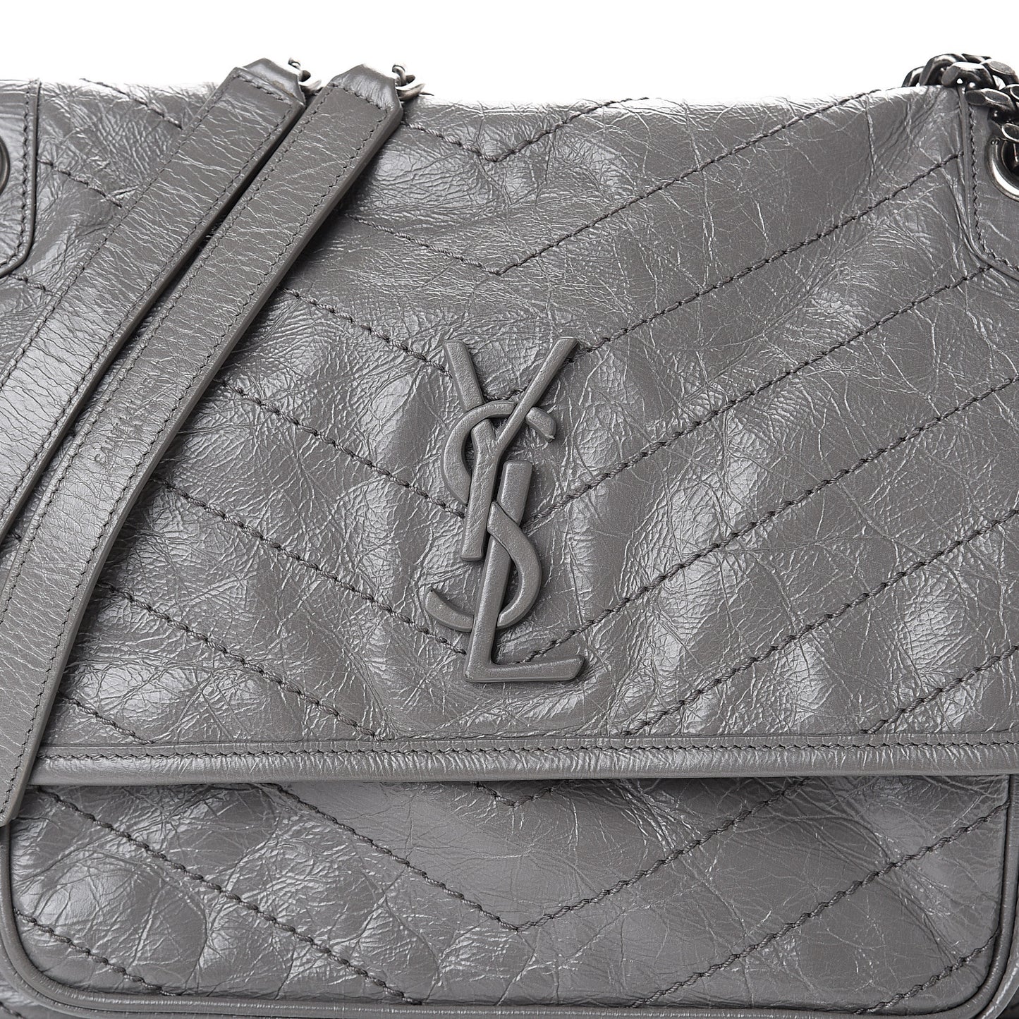 Crinkled Calfskin Matelasse Monogram Medium Niki Chain Satchel Fog