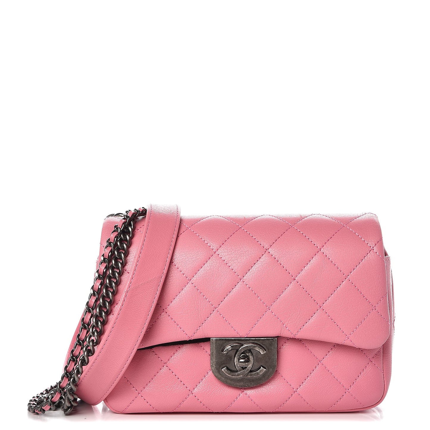 Shiny Goatskin Quilted Small Double Carry Waist Chain Flap Pink