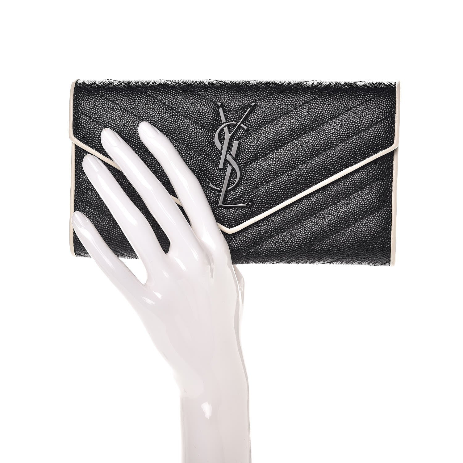 Saint Laurent Grain De Poudre Matelasse Large Monogram Flap Wallet Black Dove White 2 of 8