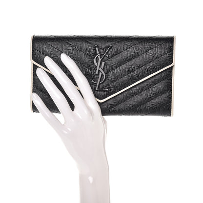 Saint Laurent Grain De Poudre Matelasse Large Monogram Flap Wallet Black Dove White 2 of 8