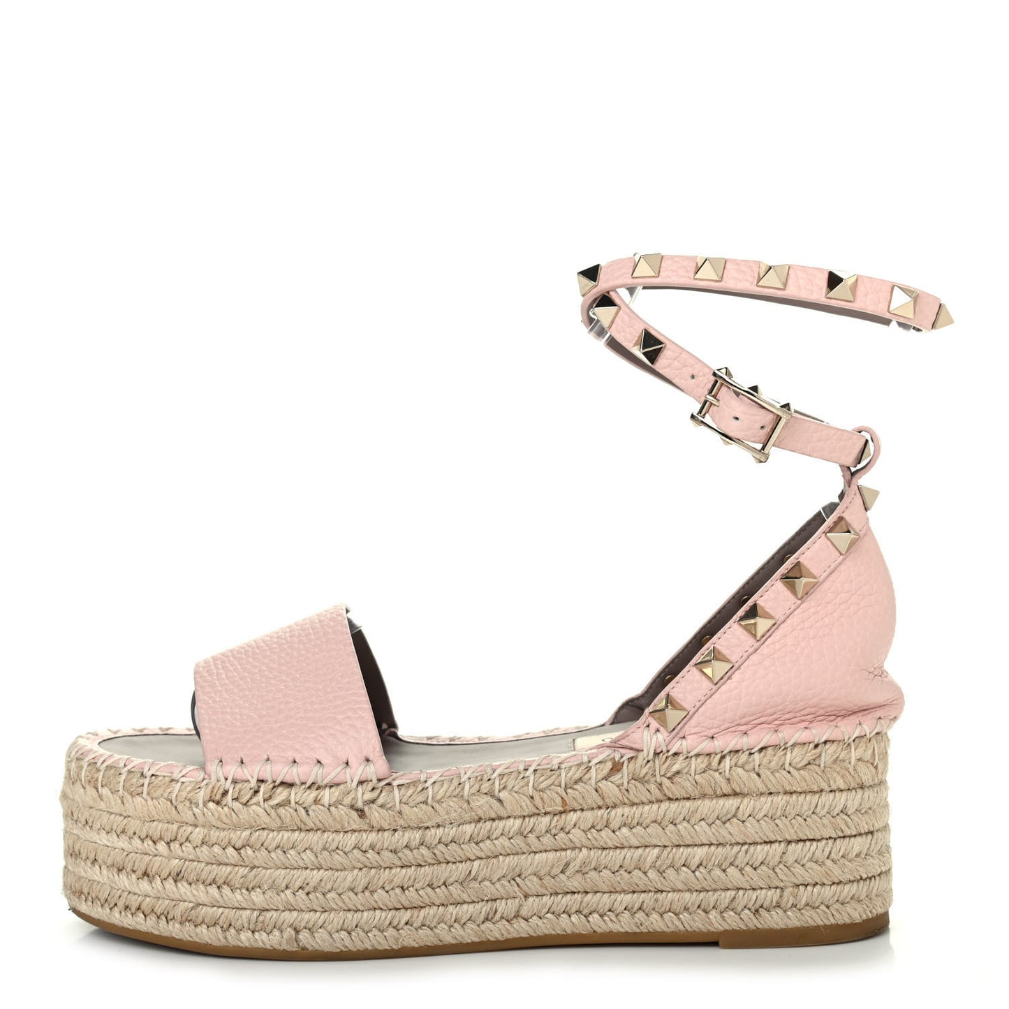 Grained Calfskin Rockstud Ankle Wrap Espadrille Flatform Sandals 35 Rose Quartz