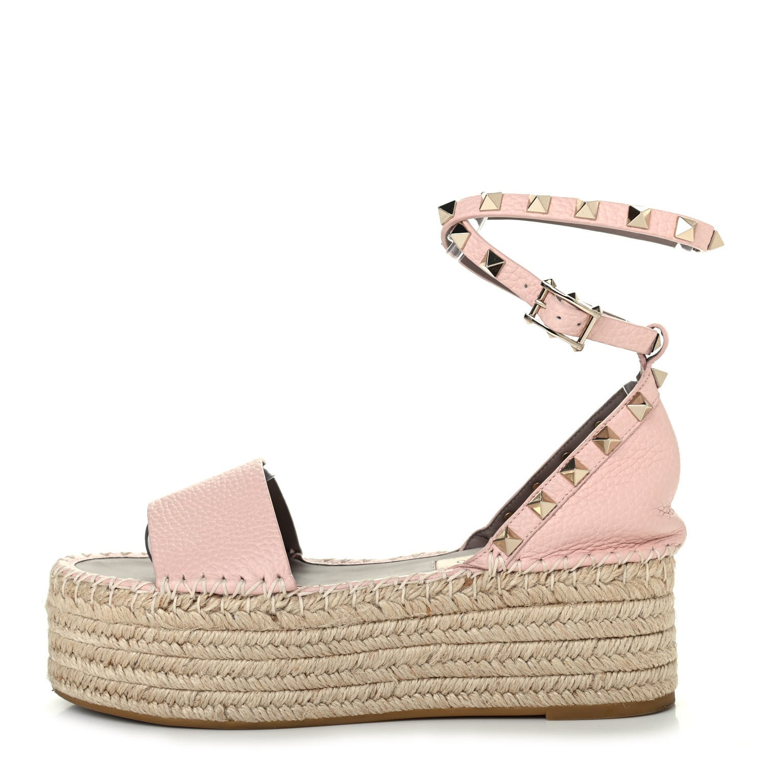 Valentino Garavani Grained Calfskin Rockstud Ankle Wrap Espadrille Flatform Sandals 35 Rose Quartz 1 of 4