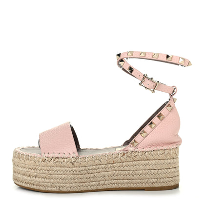 Valentino Garavani Grained Calfskin Rockstud Ankle Wrap Espadrille Flatform Sandals 35 Rose Quartz 1 of 4