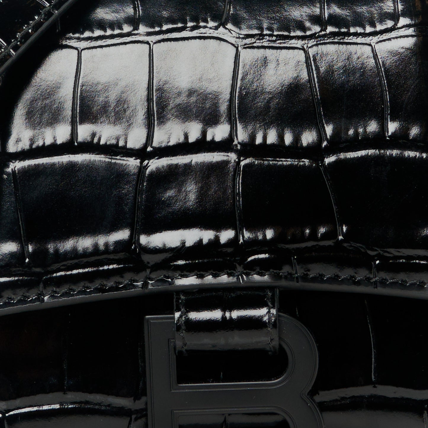 Shiny Calfskin Monochrome Crocodile Embossed Hourglass Top Handle Bag XS Black