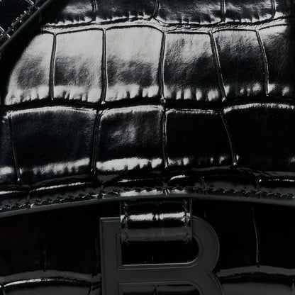Balenciaga Shiny Calfskin Monochrome Crocodile Embossed Hourglass Top Handle Bag XS Black 8 of 10