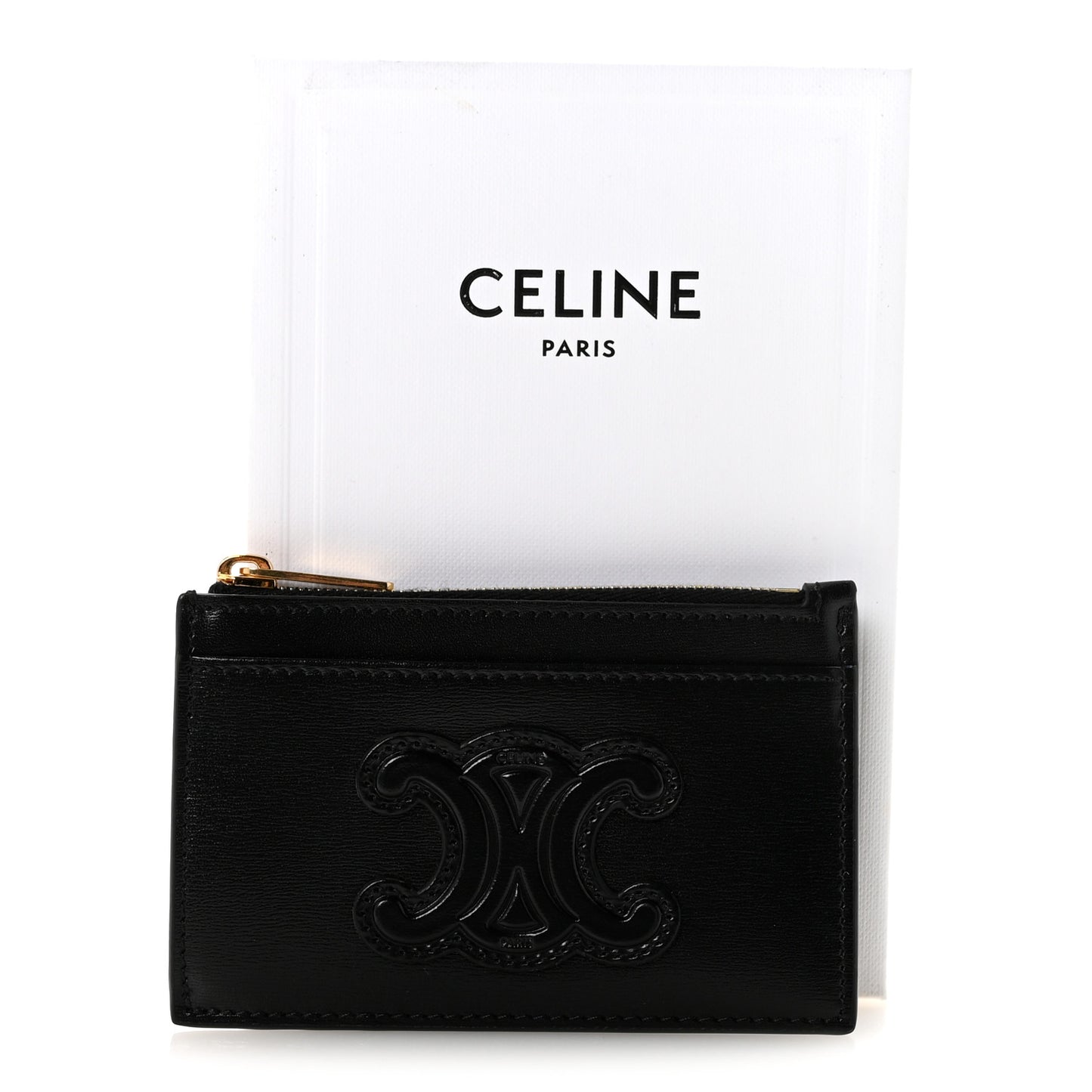 Triomphe Calfskin Zipped Card Holder Black Black